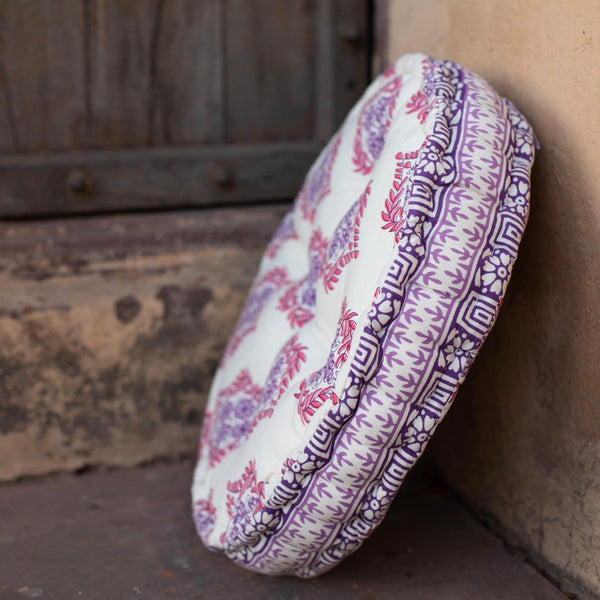 Cotton Floor Cushion Round Purple Pink Floral Print