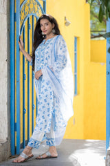 Snow White Pure Cotton Hand Block Printed Kurta Pant Dupatta Set (6848593395811)