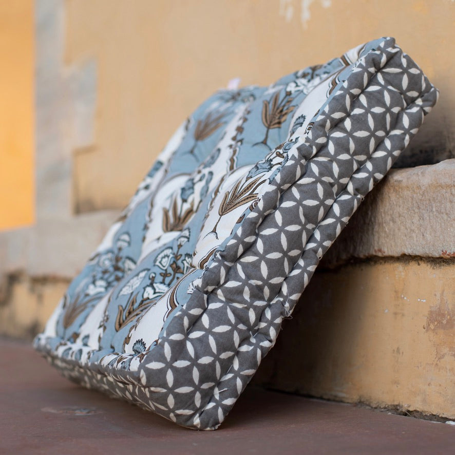 Cotton Floor Cushion Square Grey Brown Mughal Jaali Print