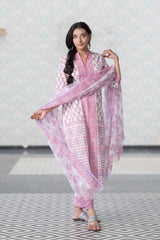 Lavender Pure Cotton Hand Block Printed Kurta Pant Dupatta Set (6848593428579)