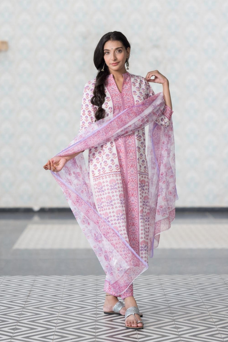 Lavender Pure Cotton Hand Block Printed Kurta Pant Dupatta Set (6848593428579)