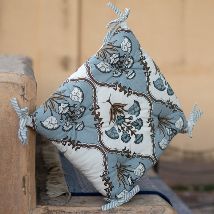 Cotton Chair Cushion Square Grey Brown Mughal Jaali Print