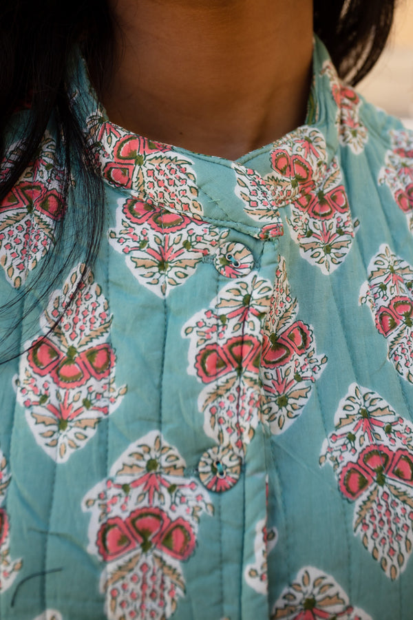 Quilted Sleeveless Jacket - Green and Pink - Buti - Phool