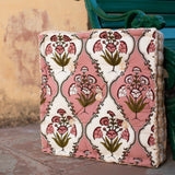 Cotton Floor Cushion Square Pink Green Mughal Jaali Print