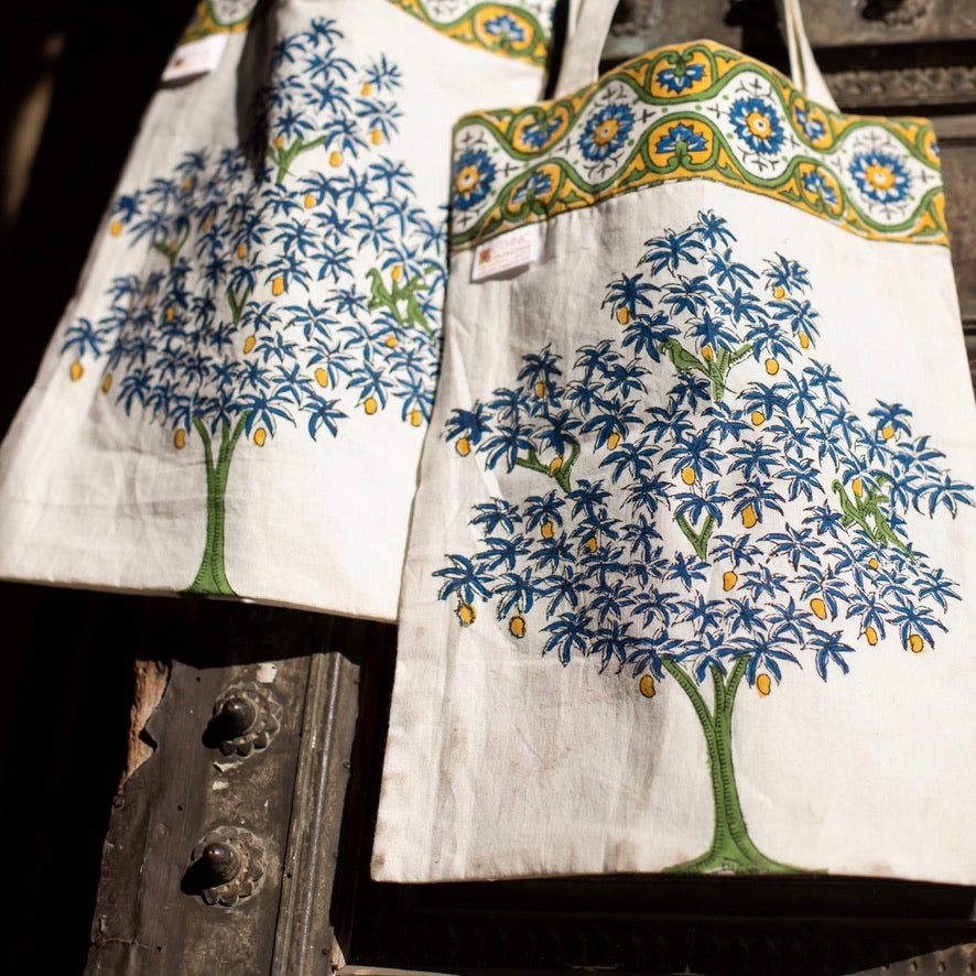 Mango Tree Buta with Border Block Printed Pink Cotton Shopping Bag