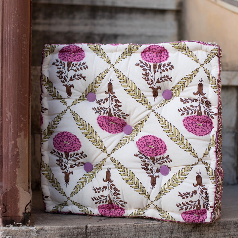Cotton Floor Cushion Square Magenta Brown Marigold Print