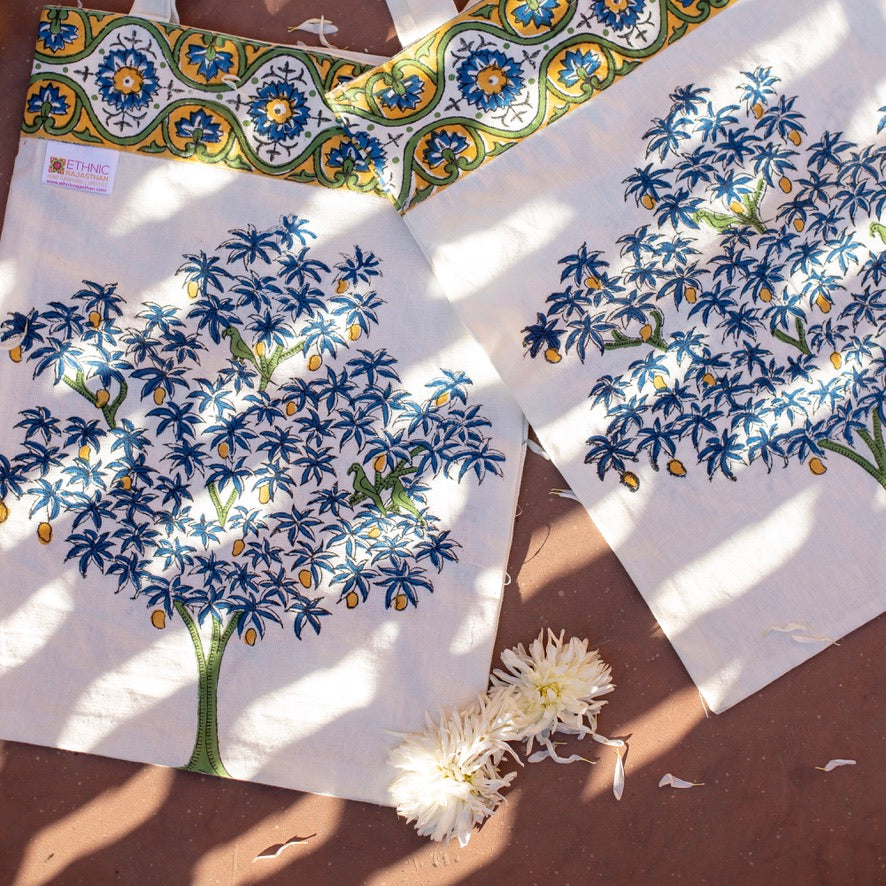 Mango Tree Buta with Border Block Printed Pink Cotton Shopping Bag