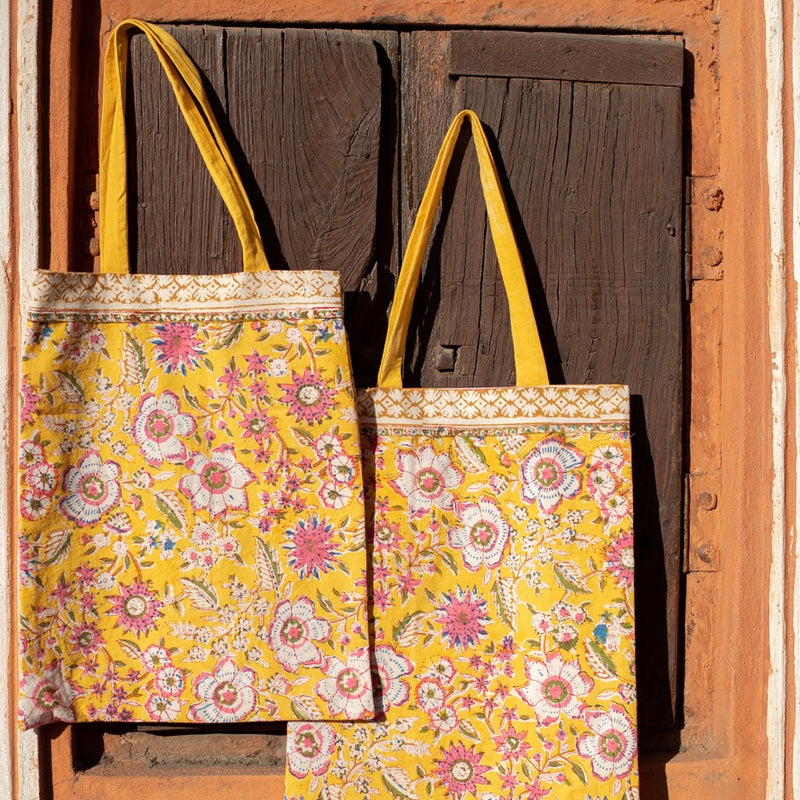 Yellow Floral Jaal Cotton Shopping Bag