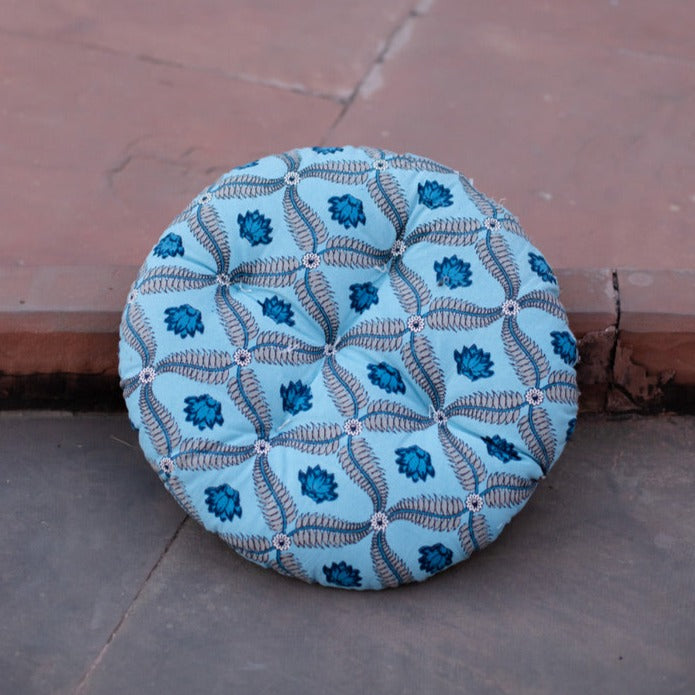 Cotton Chair Cushion Round Blue Grey Floral Print