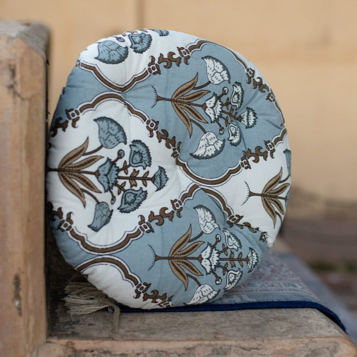 Cotton Chair Cushion Round Grey Brown Mughal Jaali Print