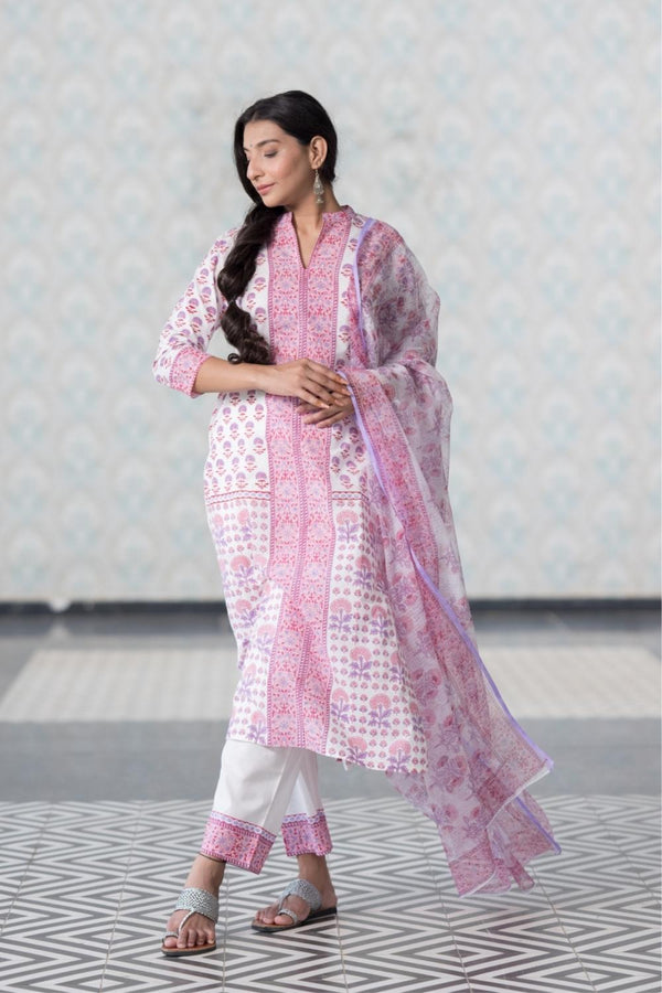 Lavender Pure Cotton Hand Block Printed Kurta Pant Dupatta Set (6848593428579)