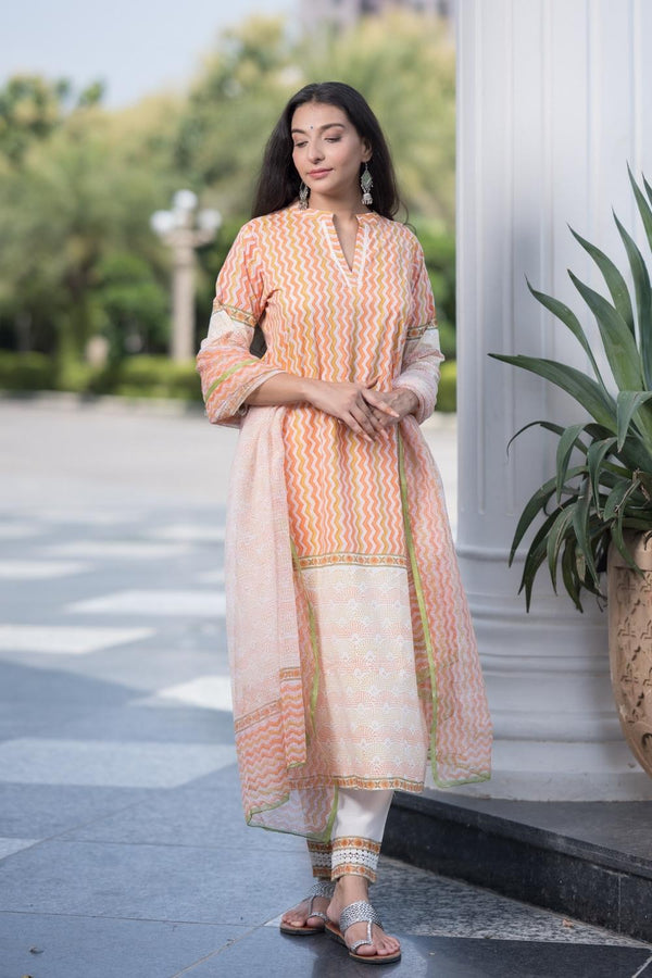 Dusky Tangerine Cotton Hand Block Printed Kurta Pant Dupatta Set (6848593690723)
