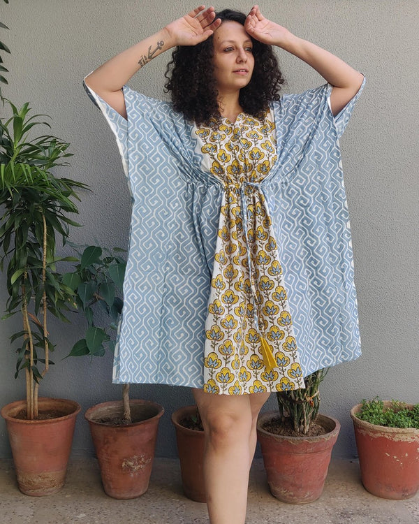 Cotton Short Kaftan Mustard Grey floral Geometric Block Print (6577628708963)