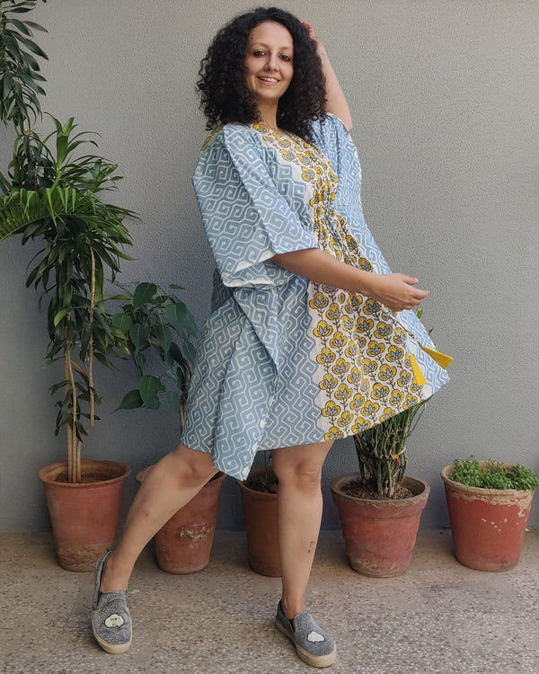 Cotton Short Kaftan Mustard Grey floral Geometric Block Print1 (6577628708963)
