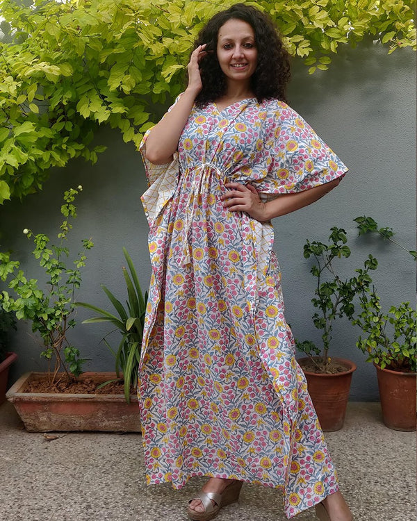 Cotton Long Kaftan Multicolor Floral Jaal Block Print (6577628774499)
