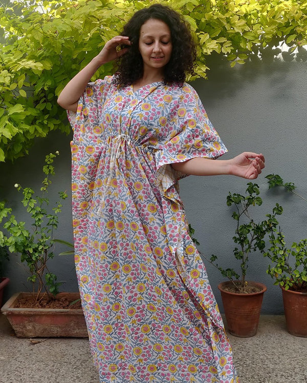 Cotton Long Kaftan Multicolor Floral Jaal Block Print1 (6577628774499)