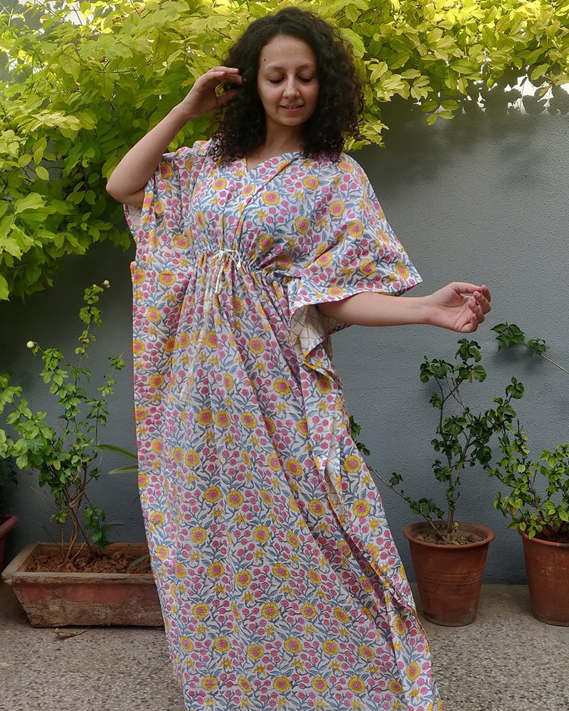Cotton Long Kaftan Multicolor Floral Jaal Block Print1 (6577628774499)