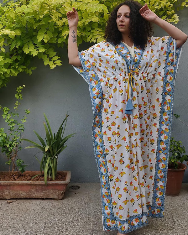 Cotton Long Kaftan Yellow Orange Leaf Block Print (6577628807267)