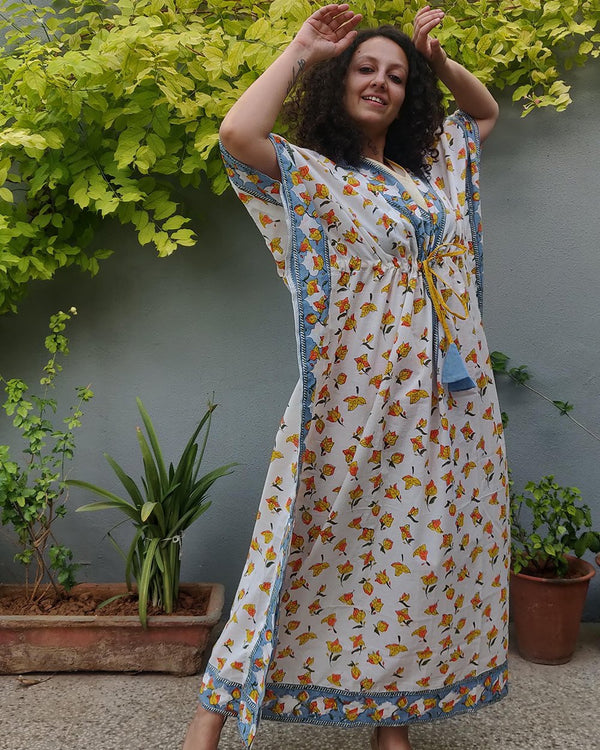 Cotton Long Kaftan Yellow Orange Leaf Block Print1 (6577628807267)