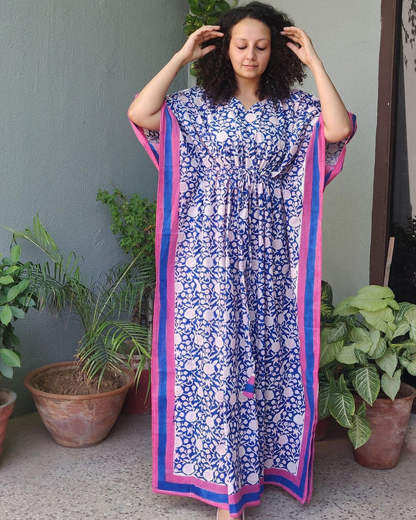 Cotton Long Kaftan Blue Pink Gadh Floral Block Print (6577628840035)