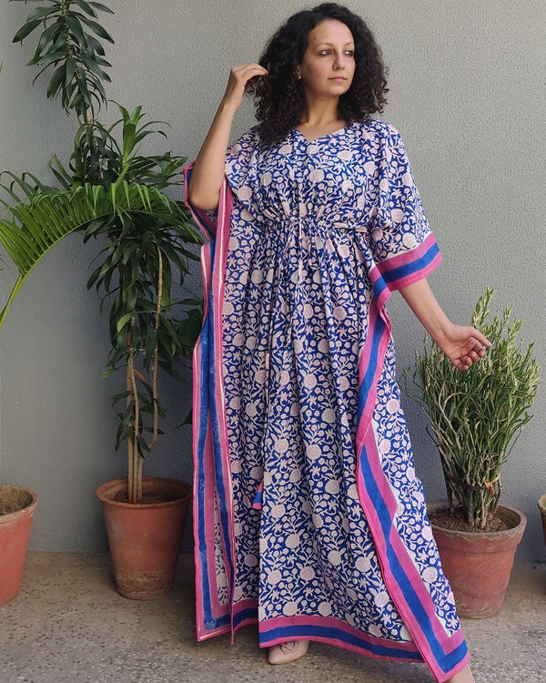 Cotton Long Kaftan Blue Pink Gadh Floral Block Print1 (6577628840035)