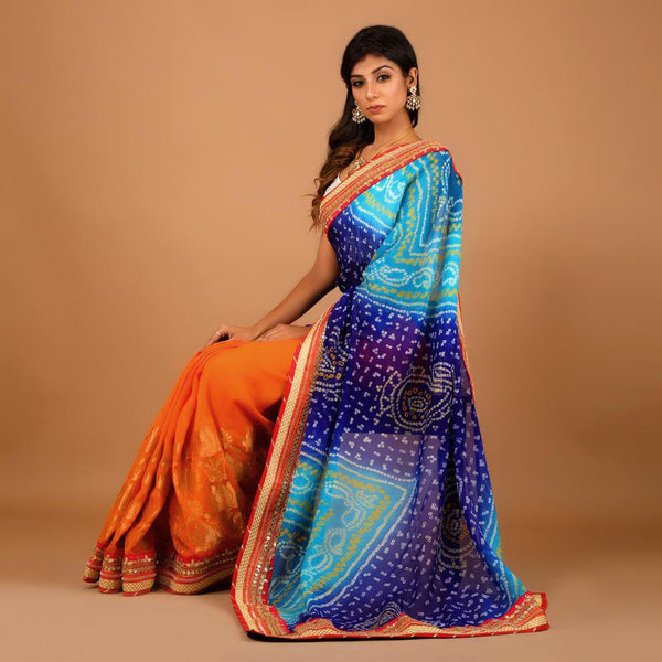 Chiffon Bandhej Gota Work Half n Half Saree (297936650280)