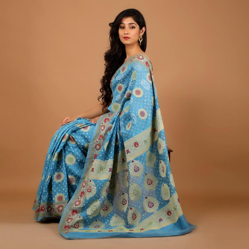 Gadhwal Silk Bandhej Sari with Zari Border (297936781352)