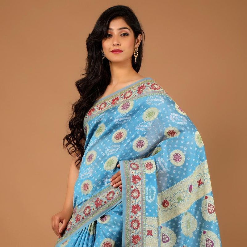 Gadhwal Silk Bandhej Sari with Zari Border (297936781352)