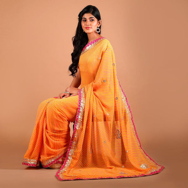 Georgette Leheriya Gota Patti Work Orange Saree (149525037082)