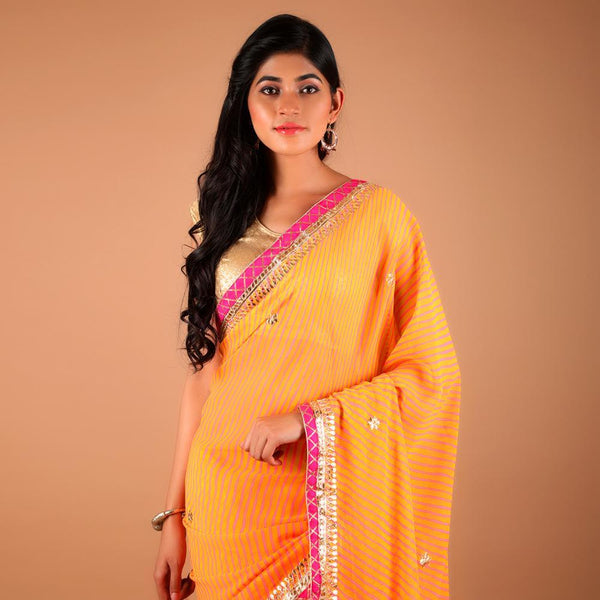 Georgette Leheriya Gota Patti Work Orange Saree (149525037082)
