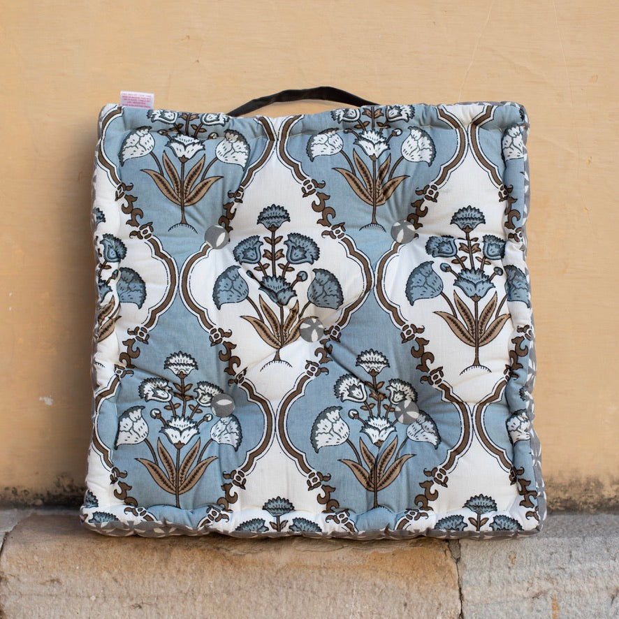 Cotton Floor Cushion Square Grey Brown Mughal Jaali Print