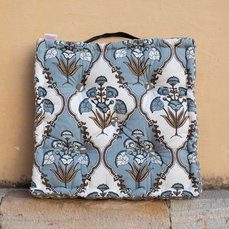 Cotton Floor Cushion Square Grey Brown Mughal Jaali Print