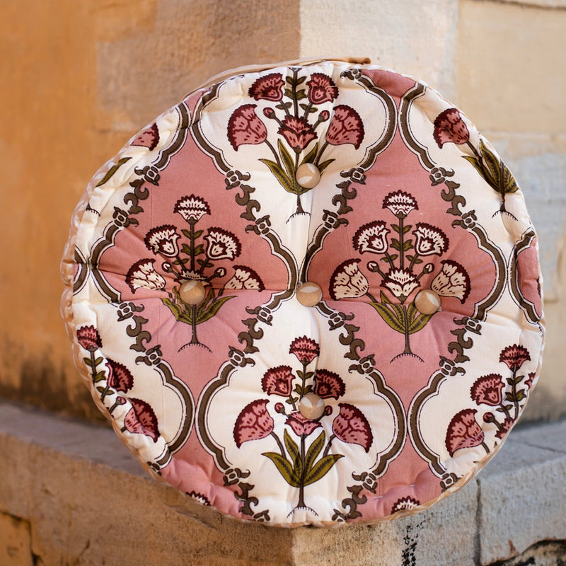 Cotton Floor Cushion Round Pink Green Mughal Jaali Print
