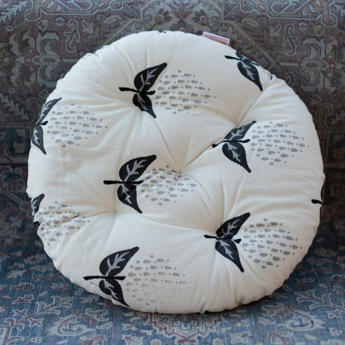 Cotton Chair Cushion Round White Grey Floral Print