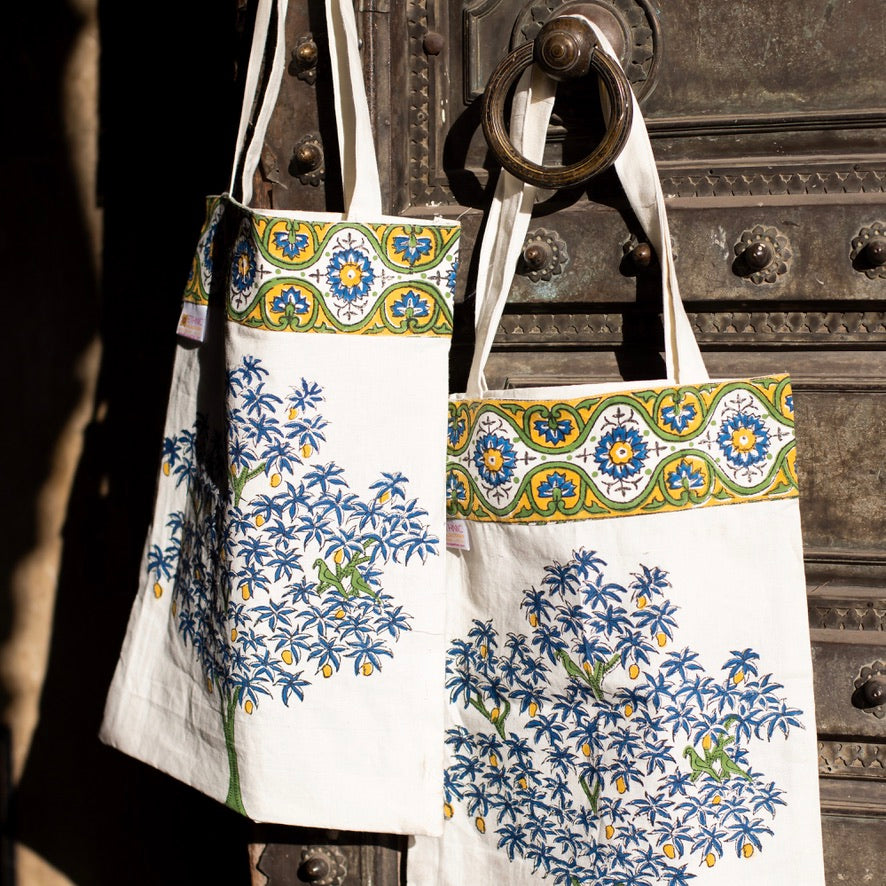 Mango Tree Buta with Border Block Printed Pink Cotton Shopping Bag