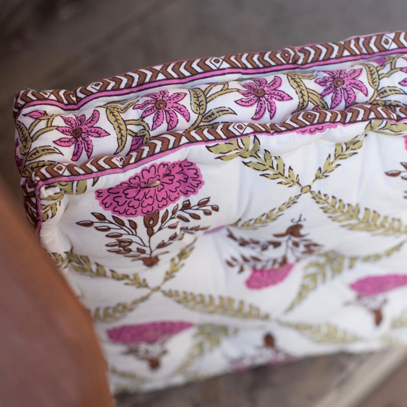 Cotton Floor Cushion Square Magenta Brown Marigold Print