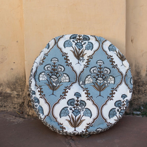 Cotton Floor Cushion Round Grey Brown Mughal Jaali Print
