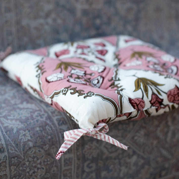 Cotton Chair Cushion Square Pink Green Mughal Jaali Print