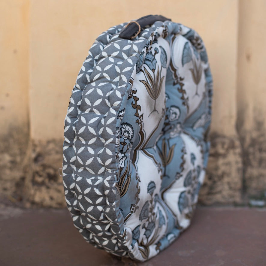 Cotton Floor Cushion Round Grey Brown Mughal Jaali Print