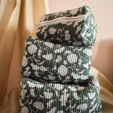White Flowers on Green Quilted Toiletry Bag (Set of 3) (6869852618851)