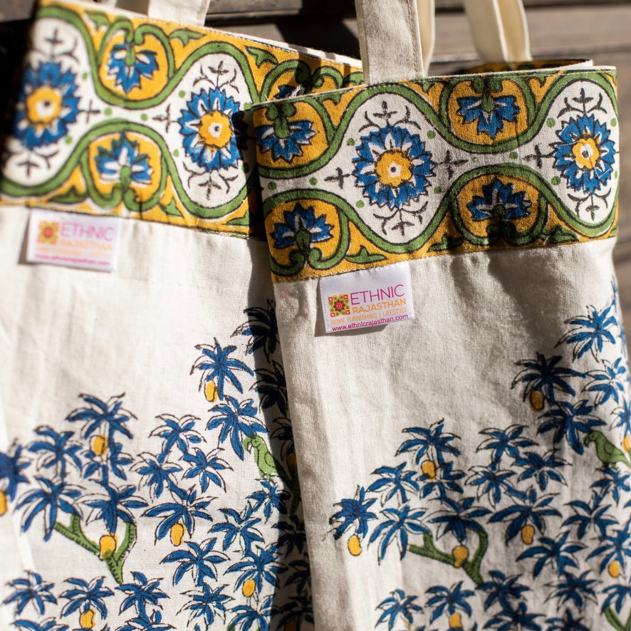 Mango Tree Buta with Border Block Printed Pink Cotton Shopping Bag