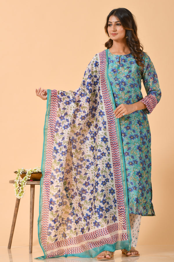 Falak by Fabric Lane Aqua Blue Chanderi Suit Set (6838210887779)