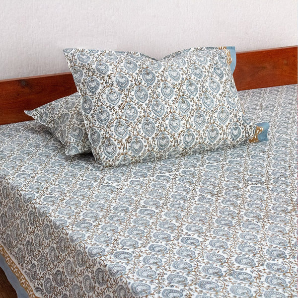 Cotton King Size Bedsheet Grey Brown Leaf Jaal Block Print 1 (6630569607267)