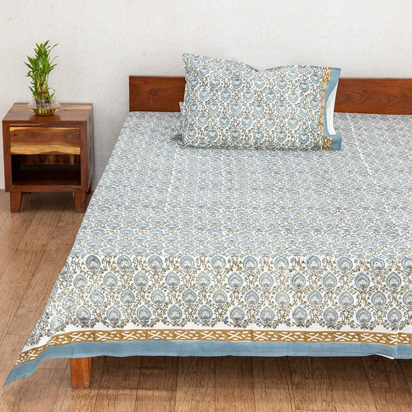 Cotton King Size Bedsheet Grey Brown Leaf Jaal Block Print (6630569607267)