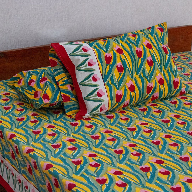 Cotton King Size Bedsheet Red Yellow Floral Paintbrush Block Print 1 (6630569574499)