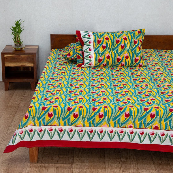 Cotton King Size Bedsheet Red Yellow Floral Paintbrush Block Print (6630569574499)