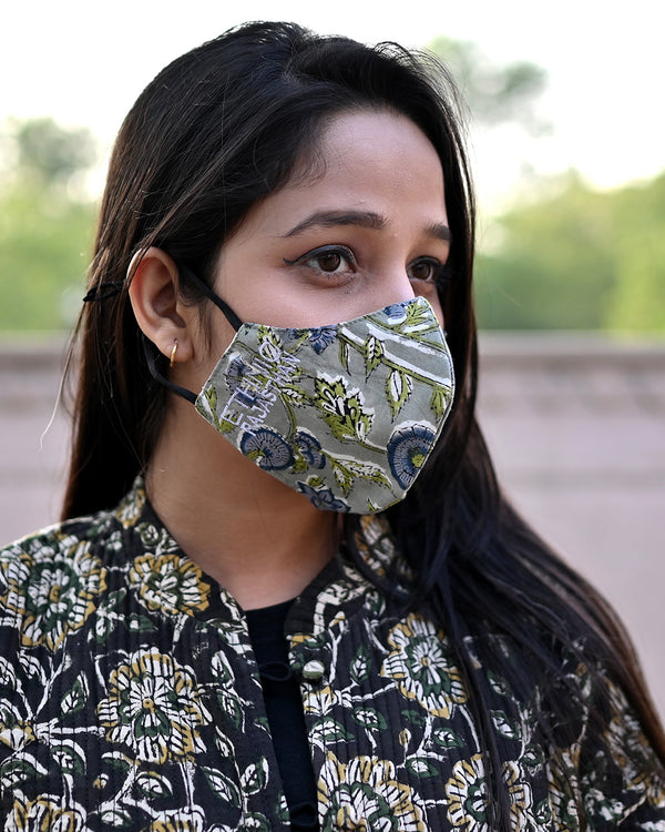 Cotton 3 Layer Adjustable Mask Blue Green Floral Jaal Block Print (6668201558115)