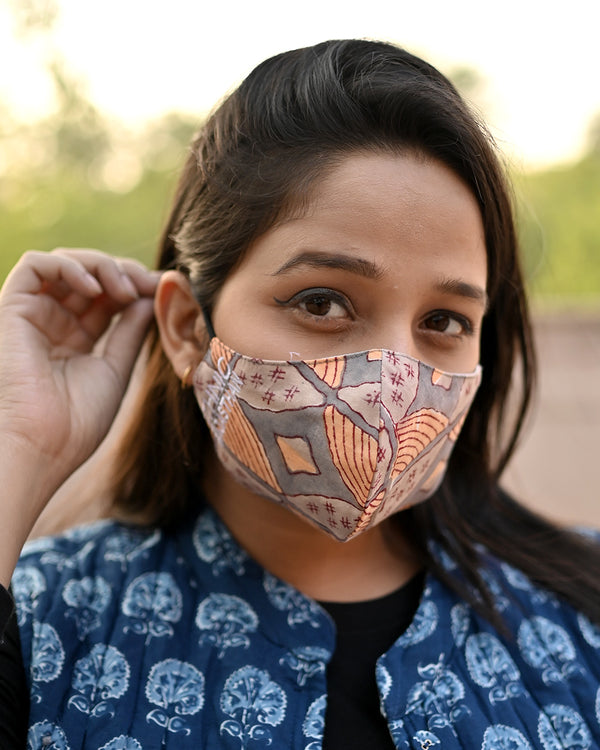 Cotton 3 Layer Adjustable Mask Peach Grey Geometric Block Print (6668201623651)