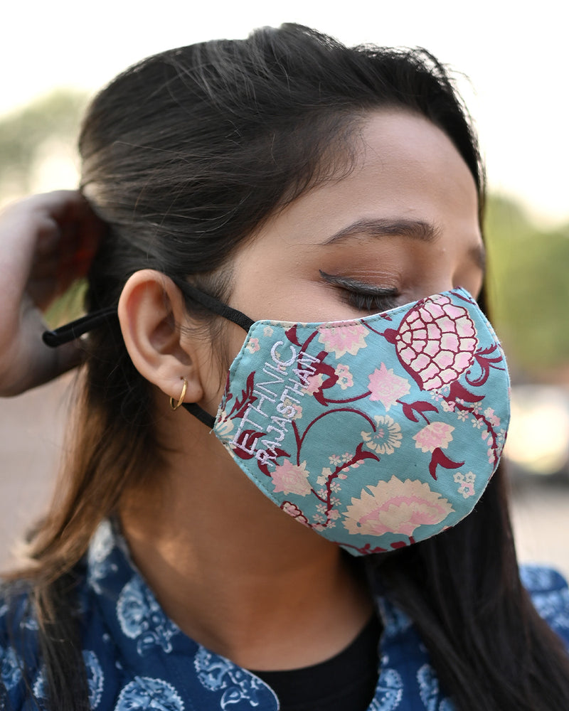 Cotton 3 Layer Adjustable Mask Blue Pink Floral print (6668201689187)