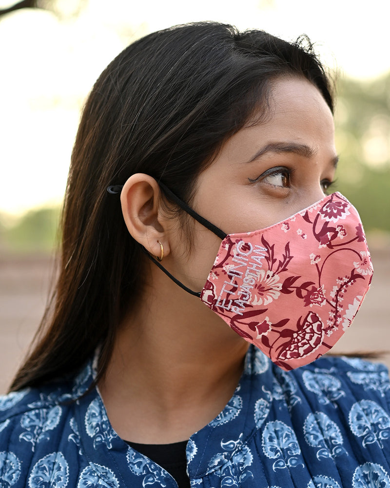 Cotton 3 Layer Adjustable Mask Peach Maroon Floral print (6668201721955)